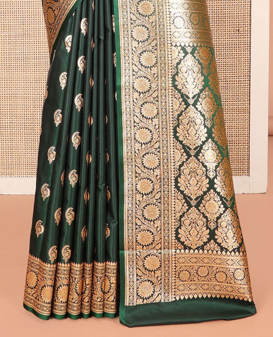 Green Banarasi Nylon Saree, Steeped with Buttas, Floral Creeper Zari Border, Intricate Pallu, and a Matching Blouse