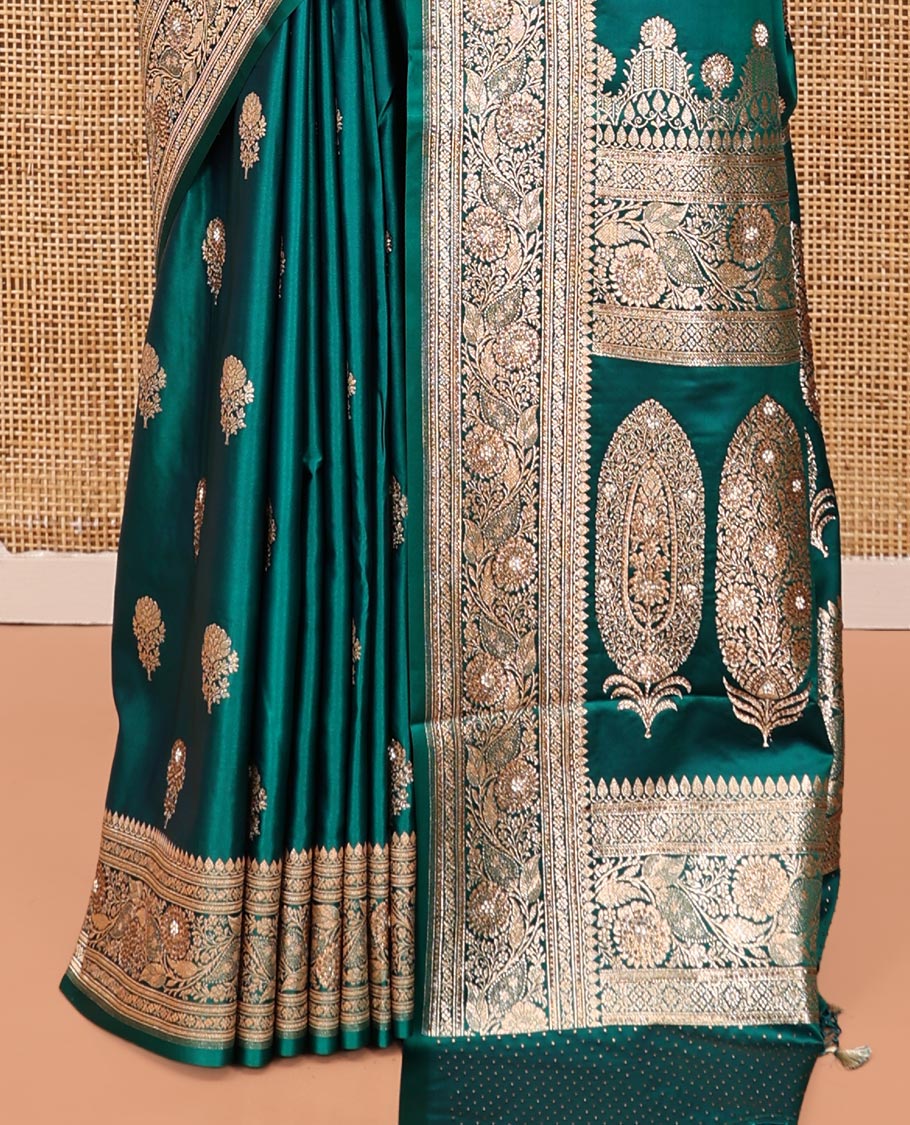 Green Banarasi Satin Saree, Bedecked with Floral Buttas, a Floral Creeper Border, Intricate Stonework Pallu, and a Matching Blouse