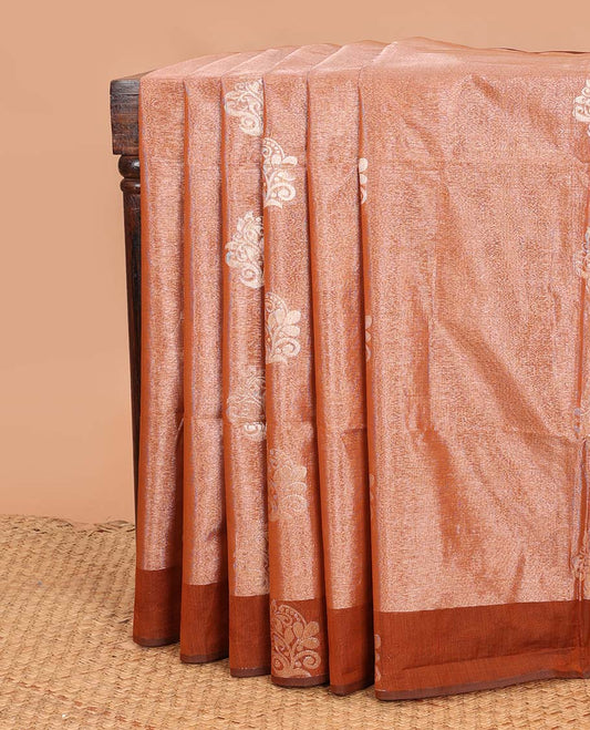 Orange zari buttas semi silk cotton saree, zari buttas border, and contrast intricate design pallu