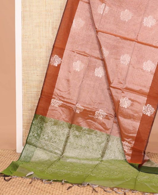 Orange zari buttas semi silk cotton saree, zari buttas border, and contrast intricate design pallu