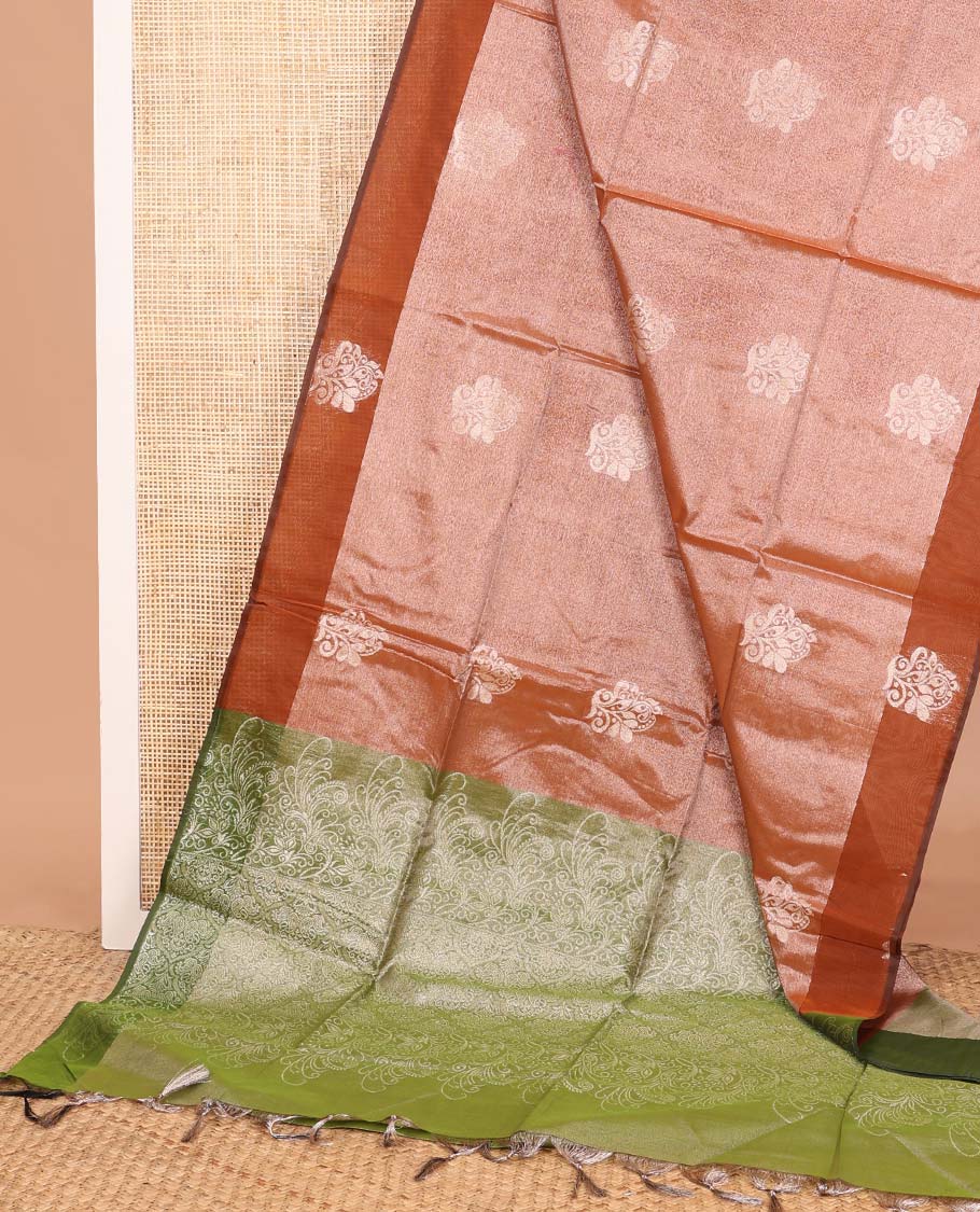 Orange zari buttas semi silk cotton saree, zari buttas border, and contrast intricate design pallu