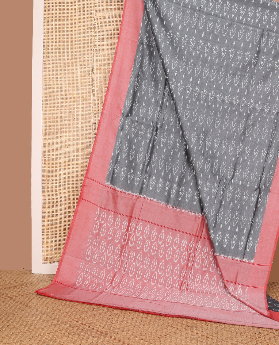 Grey unique buttas ikkat cotton saree, contrast plain  border, and pallu of buttas