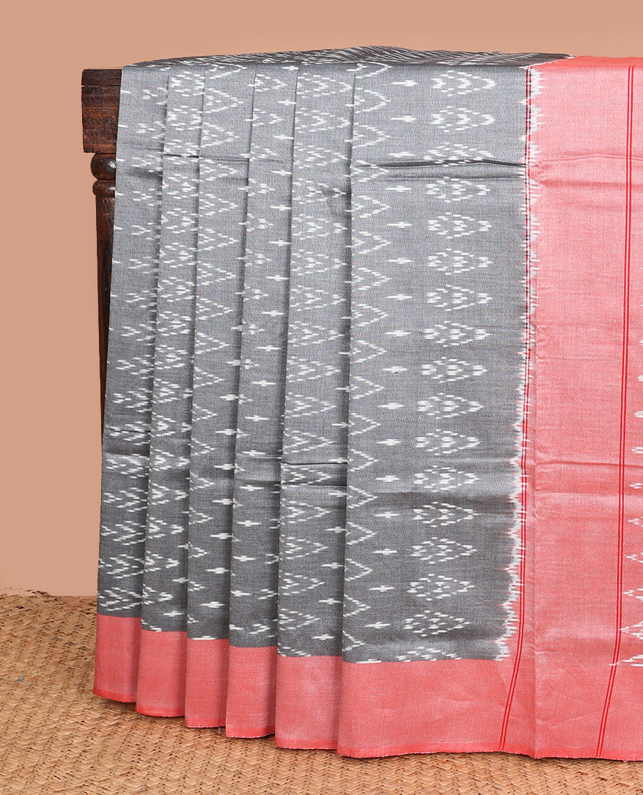 Grey unique buttas ikkat cotton saree, contrast plain  border, and pallu of buttas