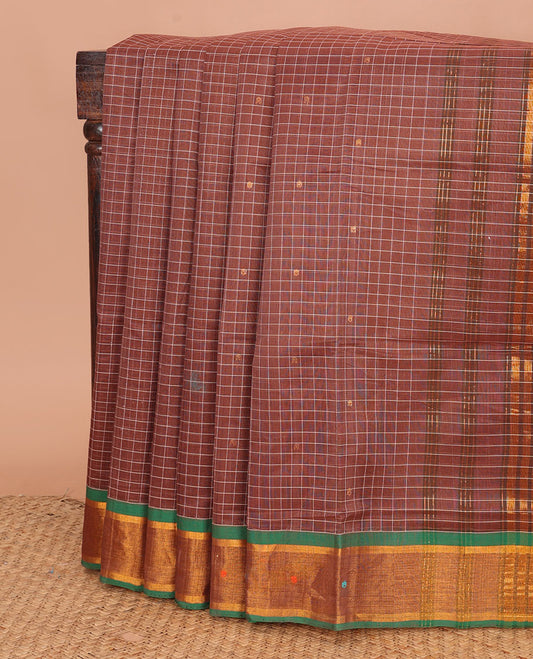 Brown checked and buttas Venkatagiri cotton saree, contrast zari and thread work border, and striped pallu