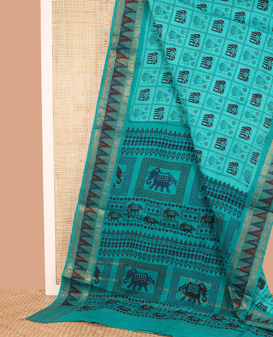 Blue Sungudi Cotton Saree Creatively Printed with Butta Enclosed Checks, Highlighted by Contrast Zari and Print Work Temple Border, and Pallu Printed with Patola Motifs