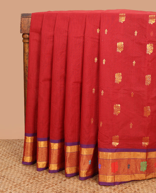 Red zari buttas Venkatagiri cotton saree with contrast thread work border, and pallu of zari stripes