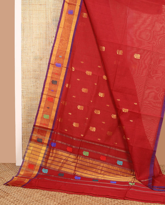 Red zari buttas Venkatagiri cotton saree with contrast thread work border, and pallu of zari stripes