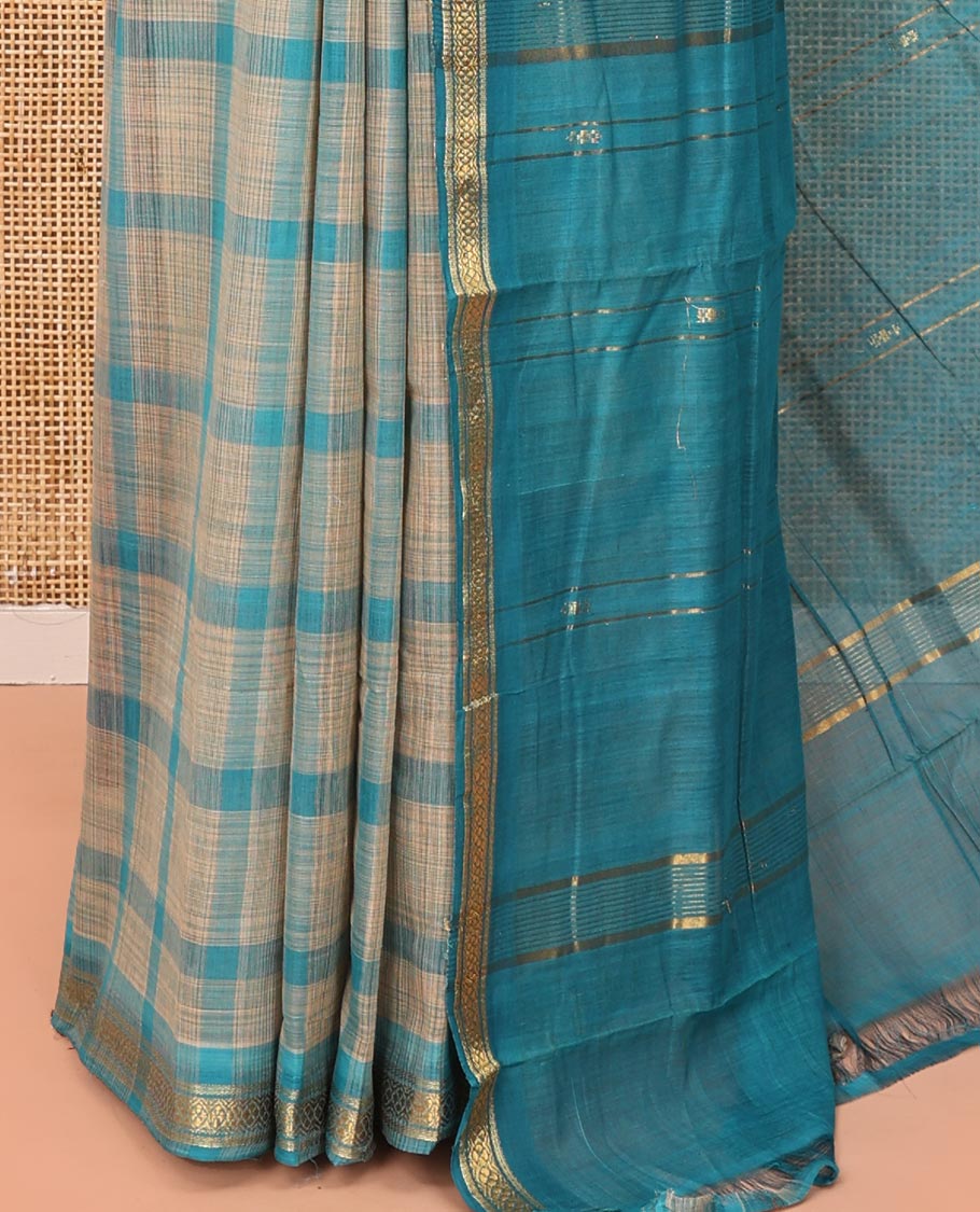 Blue Andhra Cotton Saree, Detailed with Big Checked Design All Over Its Body, Subtly Sparked with a Traditional Border, Pallu of Stripes, and Paired with a Matching Blouse