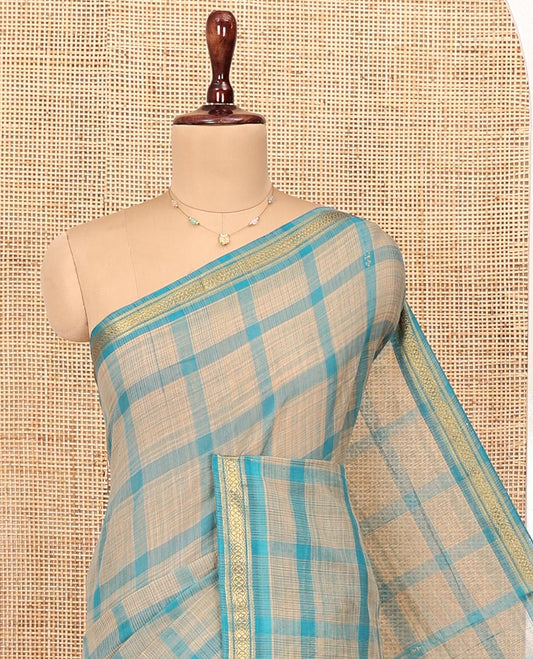 Blue Andhra Cotton Saree, Detailed with Big Checked Design All Over Its Body, Subtly Sparked with a Traditional Border, Pallu of Stripes, and Paired with a Matching Blouse
