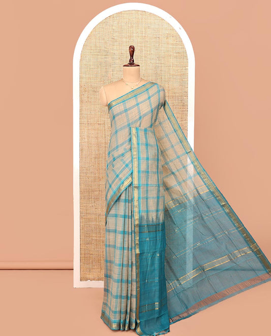Blue Andhra Cotton Saree, Detailed with Big Checked Design All Over Its Body, Subtly Sparked with a Traditional Border, Pallu of Stripes, and Paired with a Matching Blouse