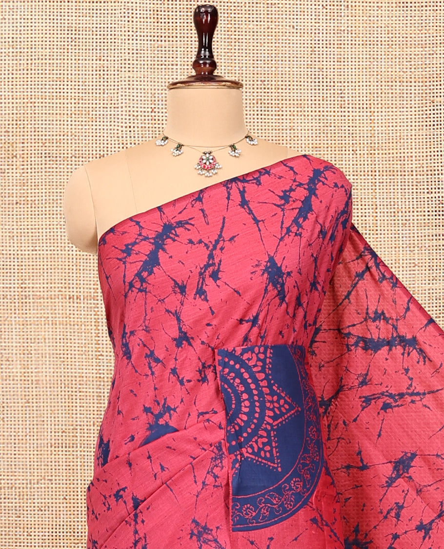 Borderless Pink-Blue Poly Cotton Saree, Decked Up with Batik Print, a Self-Printed Pallu, and a Matching Blouse