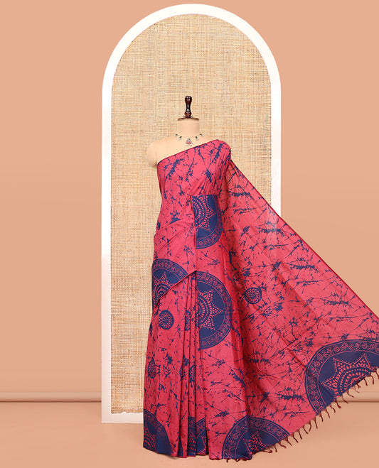 Borderless Pink-Blue Poly Cotton Saree, Decked Up with Batik Print, a Self-Printed Pallu, and a Matching Blouse