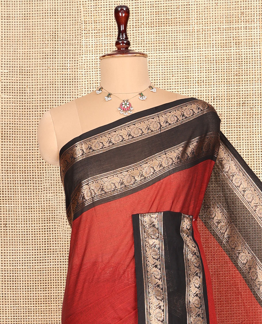 Brick Red Plain Chettinad Cotton Saree, Complemented by a Contrast Rettai Pettu Peacock Zari Border, Striped Pallu, and a Matching Blouse