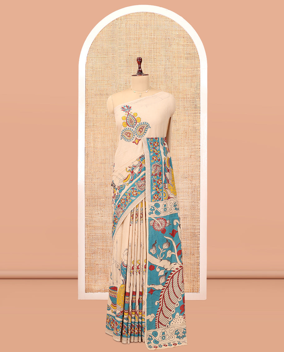 Sandal Kalamkari Cotton Saree, Accentuated with Ancient Human Motif Print, Contrast Printed Border, Kalamkari Animal Motifs Pallu, and a Contrast Blouse