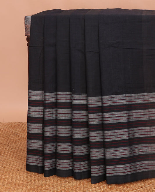 Black mangalagiri cotton saree with self striped border & striped pallu