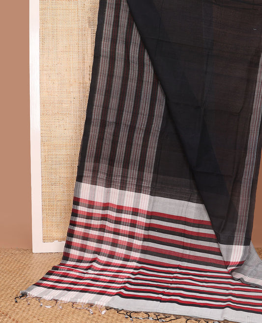Black mangalagiri cotton saree with self striped border & striped pallu