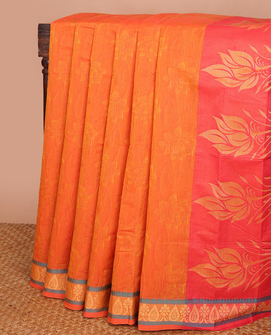 Orange floral design Coimbatore cotton saree, drop-floral design border & contrast pallu of floral designs