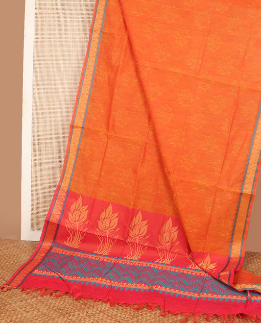 Orange floral design Coimbatore cotton saree, drop-floral design border & contrast pallu of floral designs