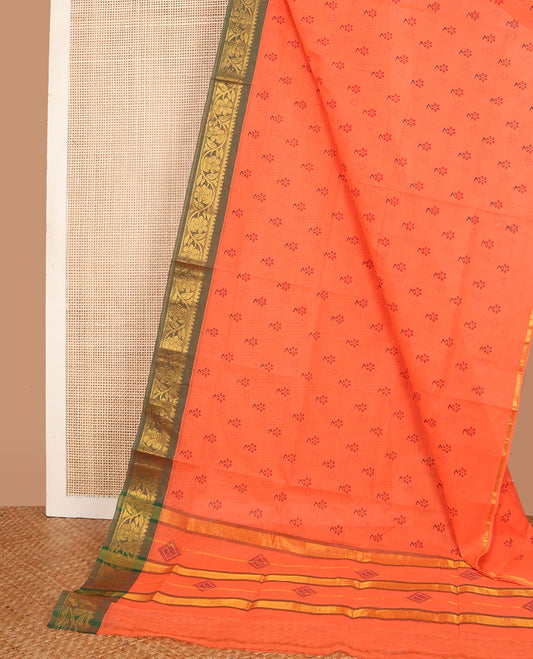 Orange floral motifs printed Andhra cotton saree, contrast floral zari border & pallu of diamond print & zari stripes