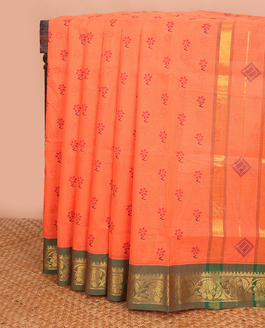 Orange floral motifs printed Andhra cotton saree, contrast floral zari border & pallu of diamond print & zari stripes
