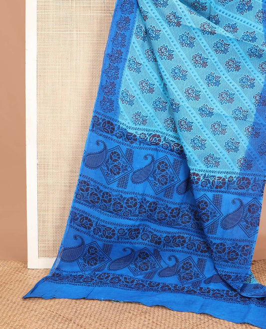 Blue floral printed Sungudi cotton saree, contrast floral printed border & pallu of floral & paisley motifs print