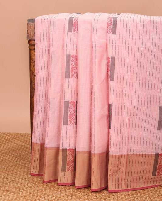 Pink dotted stripes, and square buttas Coimbatore cotton saree, contrast dotted stripes, and square buttas border, and pallu of floral motifs