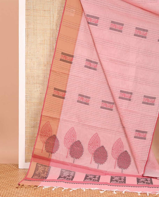 Pink dotted stripes, and square buttas Coimbatore cotton saree, contrast dotted stripes, and square buttas border, and pallu of floral motifs