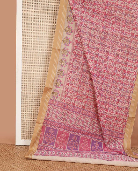 Pink intricately printed chanderi cotton saree, contrast traditional motifs with thread embroidered floral bouquet, and printed pallu