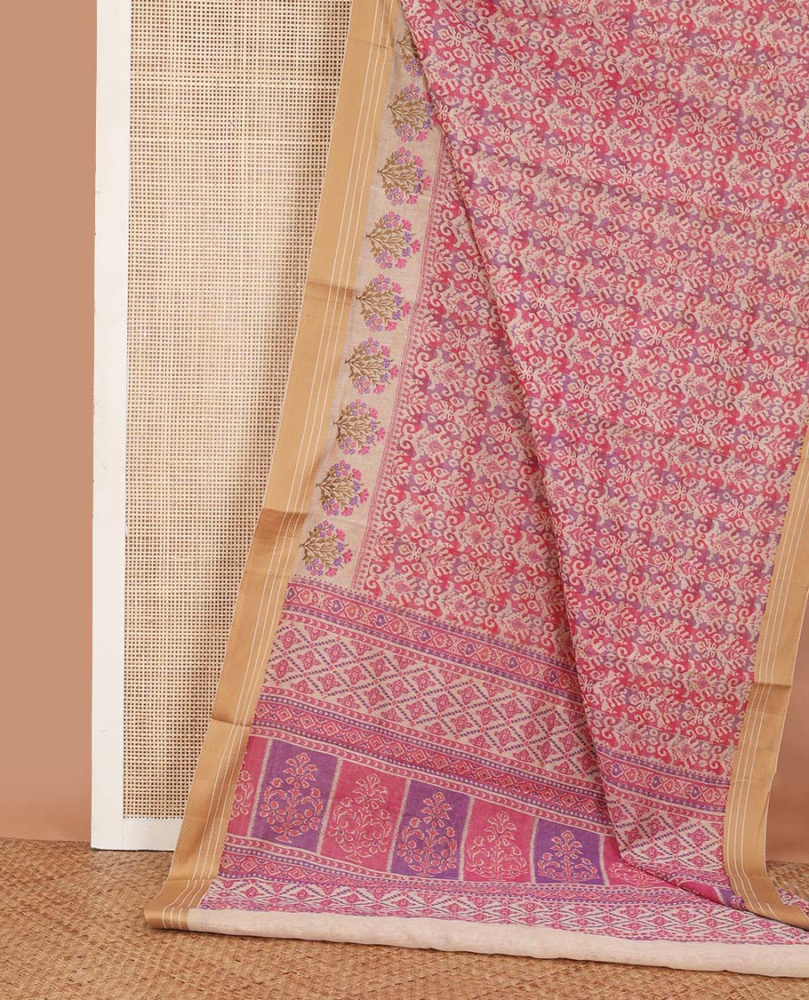 Pink intricately printed chanderi cotton saree, contrast traditional motifs with thread embroidered floral bouquet, and printed pallu