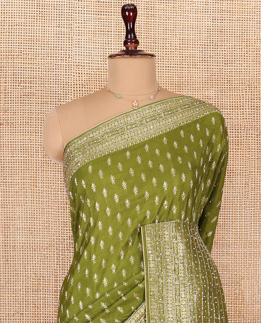 Green Dola Silk Saree, Adorned with Buttas on Its Body, Highlighted by Embroidered-Zari Work Border, Pallu of Embroidery and Zari  Work, and Paired with a Matching Blouse