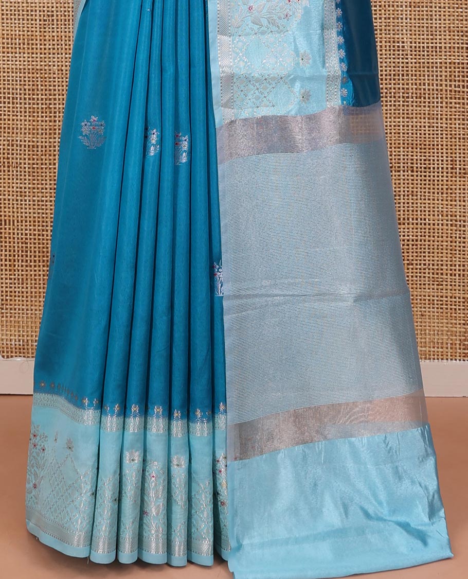 Rama Blue Green-Mango-Silk Saree, Adorned with Zari Buttas All Over Its Body, Complemented by a Contrast Meenakari Zari Border of Floral Designs, Gleaming Zari Pallu, and Paired with a Contrast Blouse