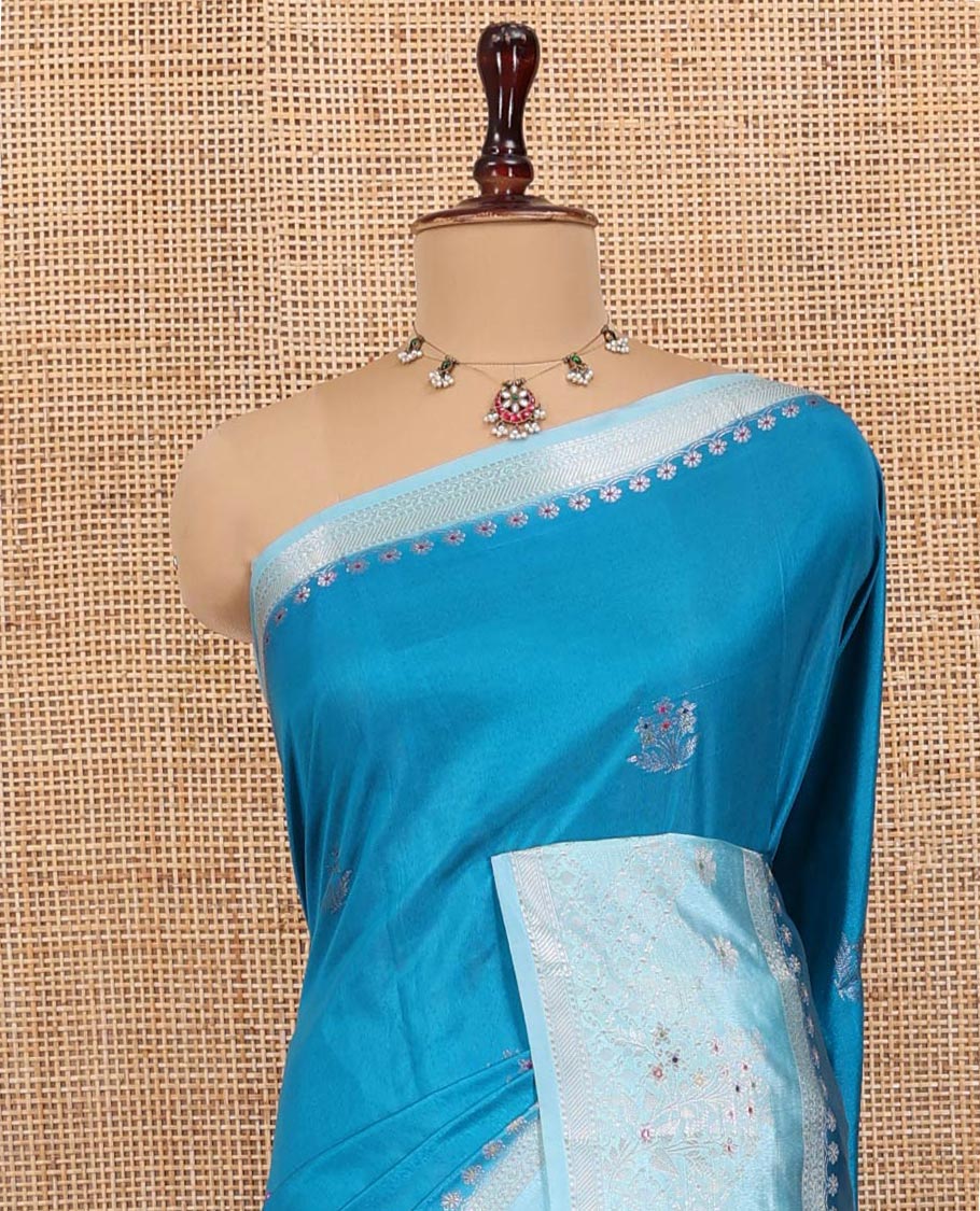 Rama Blue Green-Mango-Silk Saree, Adorned with Zari Buttas All Over Its Body, Complemented by a Contrast Meenakari Zari Border of Floral Designs, Gleaming Zari Pallu, and Paired with a Contrast Blouse