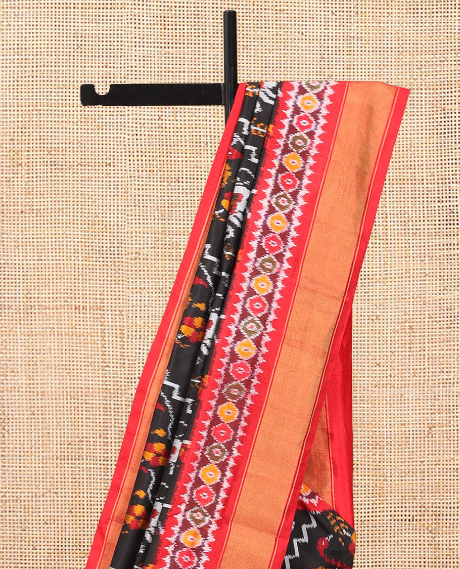 Black Floral-Animal Motif Pochampally Ikat Saree, Contrast Border