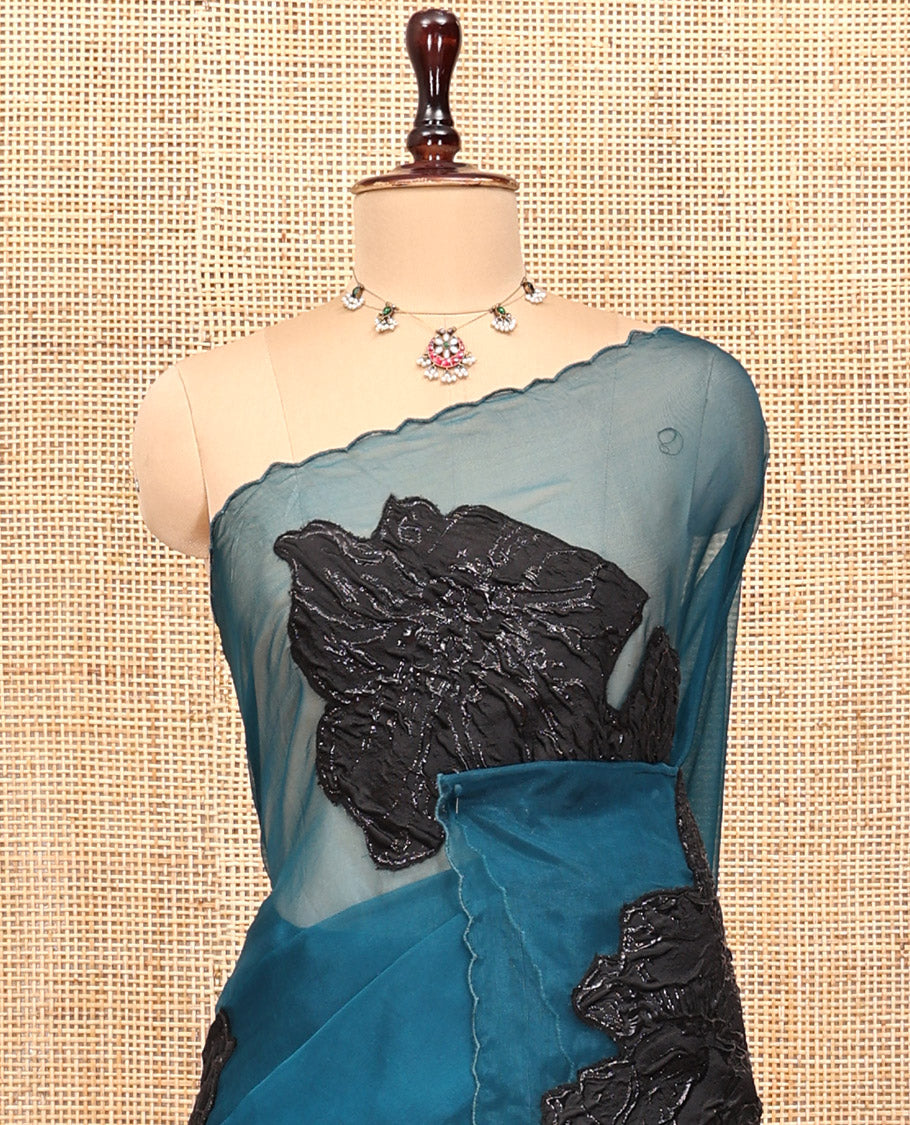 Peacock Blue Turkey Organza Saree Features Floral Applique Embroidery, a Scallop Border, Matching Blouse