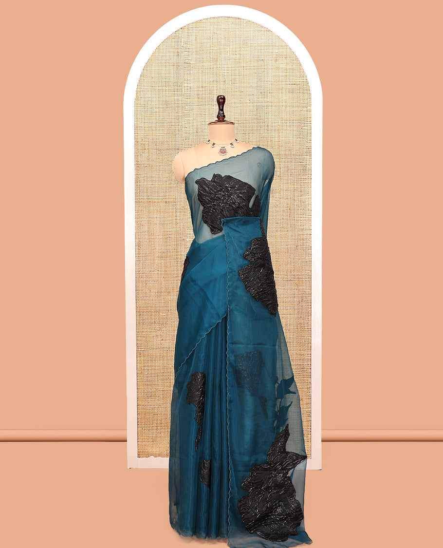 Peacock Blue Turkey Organza Saree Features Floral Applique Embroidery, a Scallop Border, Matching Blouse