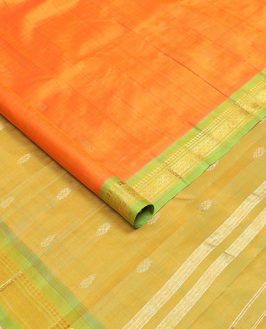 Kesari orange zari buttas kanchipuram silksaree, contrast one-sided border of paneer sombu,banaras & mayil kann & zari design pallu