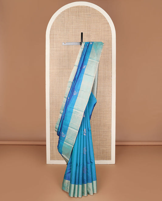 Blue floral zari buttas Kanchipuram silk saree, contrast plain border & pallu of jaal & kodi visiry designs