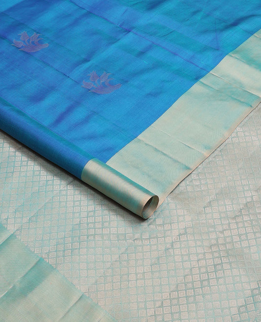 Blue floral zari buttas Kanchipuram silk saree, contrast plain border & pallu of jaal & kodi visiry designs