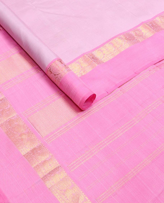 Pink plain silk saree, contrast border of rekku,banaras,rudraksham & mayil designs & zari design pallu