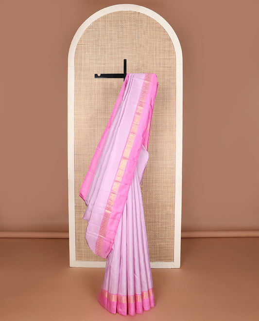 Pink plain silk saree, contrast border of rekku,banaras,rudraksham & mayil designs & zari design pallu