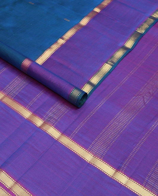 Blue zari buttas Kanchipuram silk saree,  contrast rettai pettu zari border of muthu designs, and zari design pallu