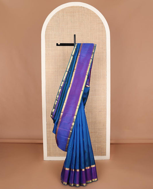 Blue zari buttas Kanchipuram silk saree,  contrast rettai pettu zari border of muthu designs, and zari design pallu