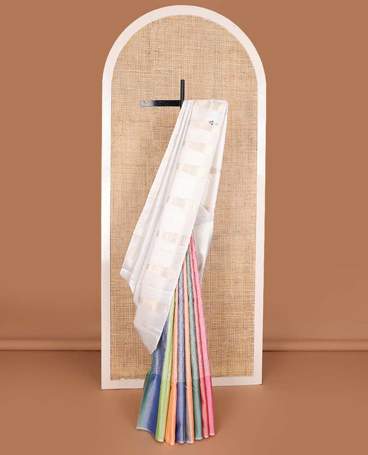 Cream and multi-color half-and-half ogee patterned Kanchipuram silk saree,  zari border of big thilakam-shaped leaf buttas, and jaal pallu