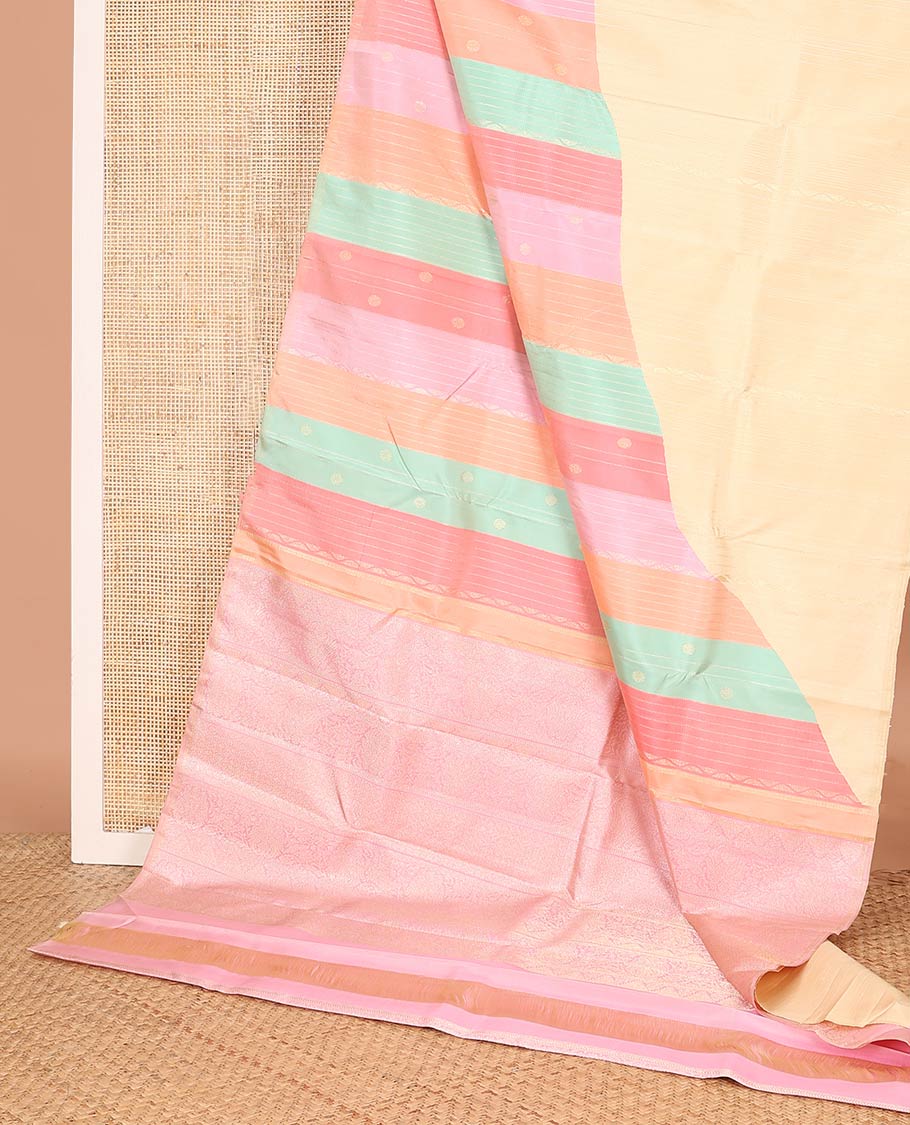 Borderless cream and multi-color ragkat striped half-and-half Kanchipuram designer saree with buttas, intricate pallu