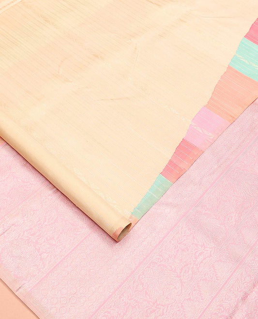 Borderless cream and multi-color ragkat striped half-and-half Kanchipuram designer saree with buttas, intricate pallu