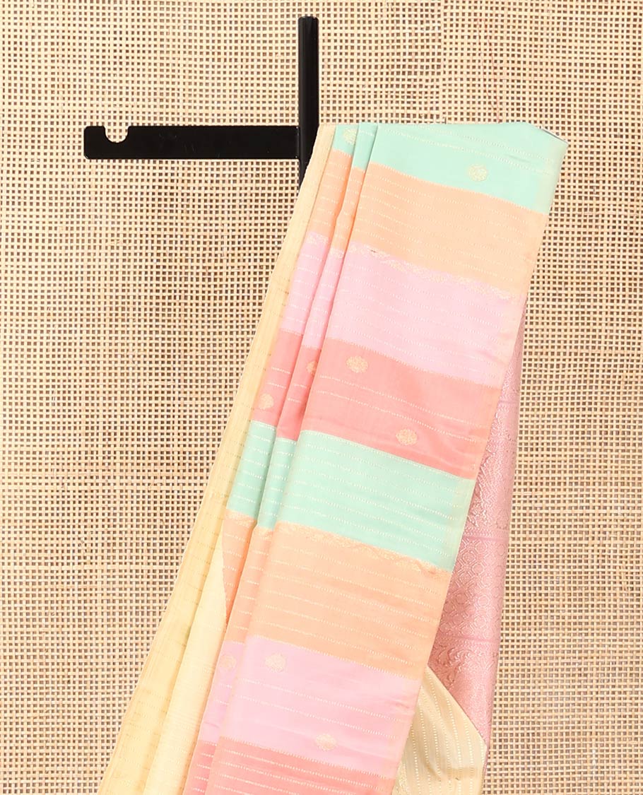 Borderless cream and multi-color ragkat striped half-and-half Kanchipuram designer saree with buttas, intricate pallu