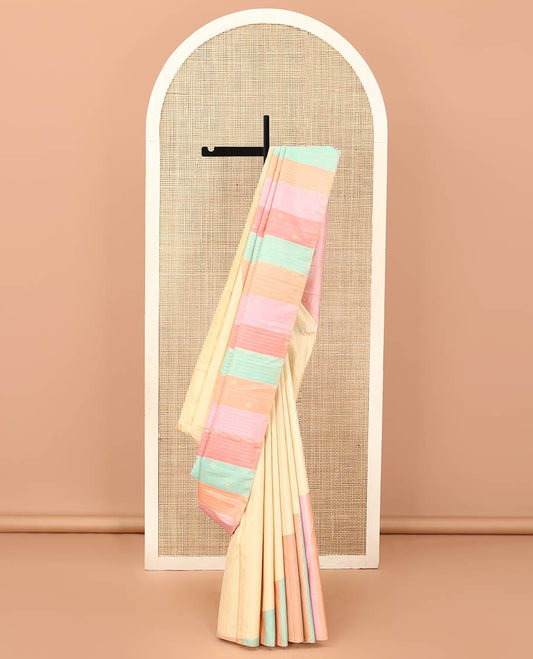 Borderless cream and multi-color ragkat striped half-and-half Kanchipuram designer saree with buttas, intricate pallu