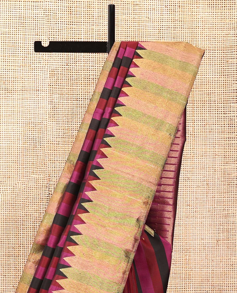 Multi-color Striped Kanchipuram Designer Silk Saree, Subtly Sparkled With Temple Border, Pallu Features Seppu Rekku Designs, and Paired with a Contrast Blouse