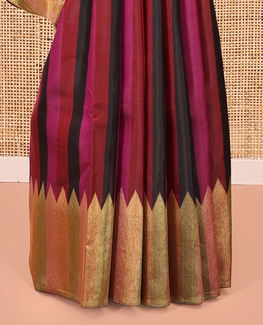 Multi-color Striped Kanchipuram Designer Silk Saree, Subtly Sparkled With Temple Border, Pallu Features Seppu Rekku Designs, and Paired with a Contrast Blouse