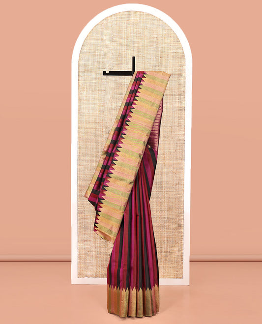 Multi-color Striped Kanchipuram Designer Silk Saree, Subtly Sparkled With Temple Border, Pallu Features Seppu Rekku Designs, and Paired with a Contrast Blouse